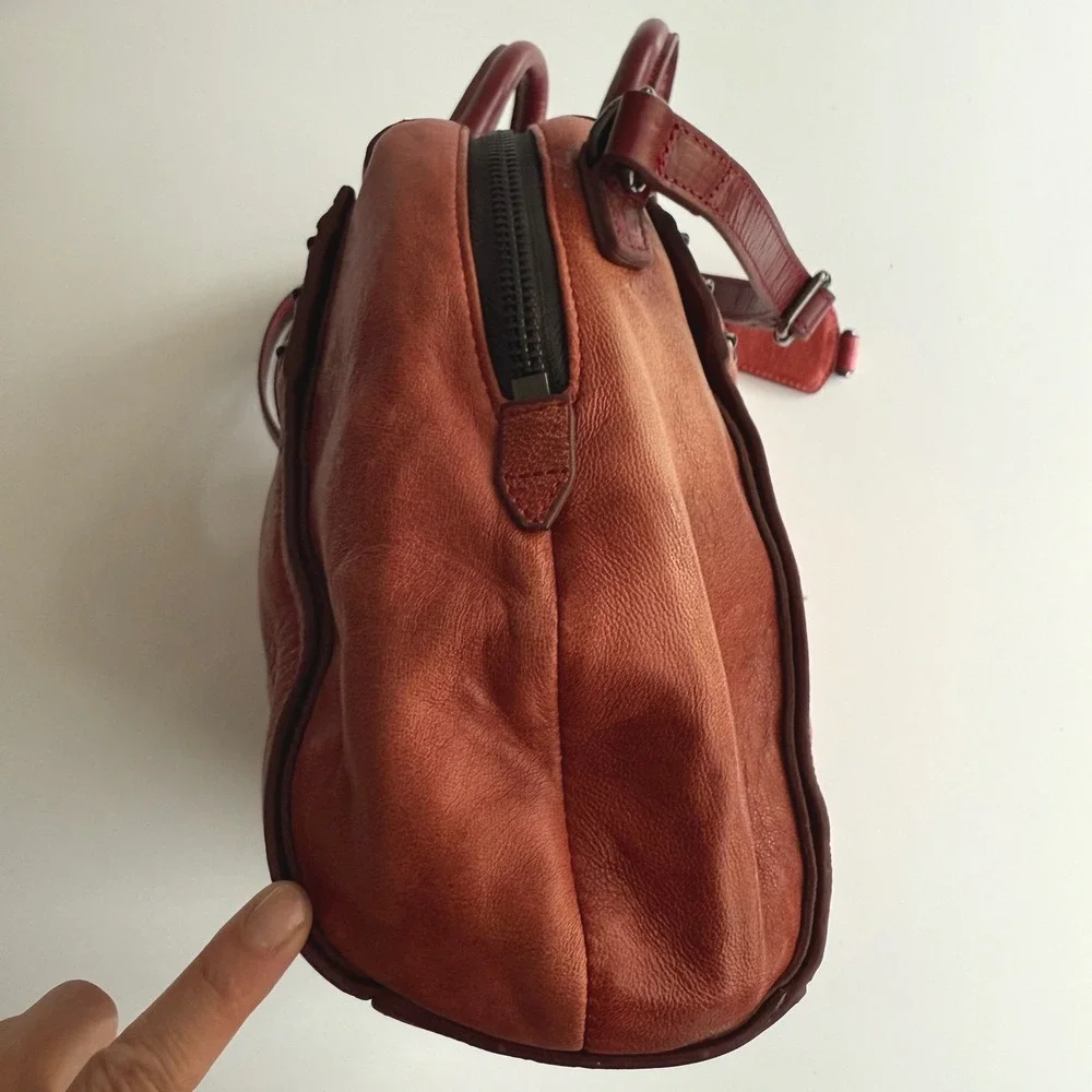 Olivia Harris Double Top Satchel Distressed Red Leather Shoulder Bag Purse - Picture 9 of 14